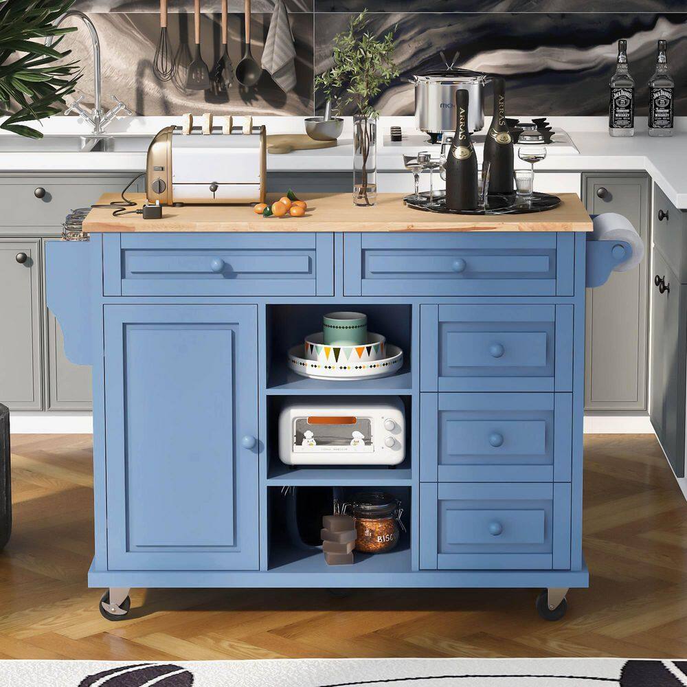 Blue Kitchen Island with Wheels Large Storage and Adjustable Shelves Q7003-AAG