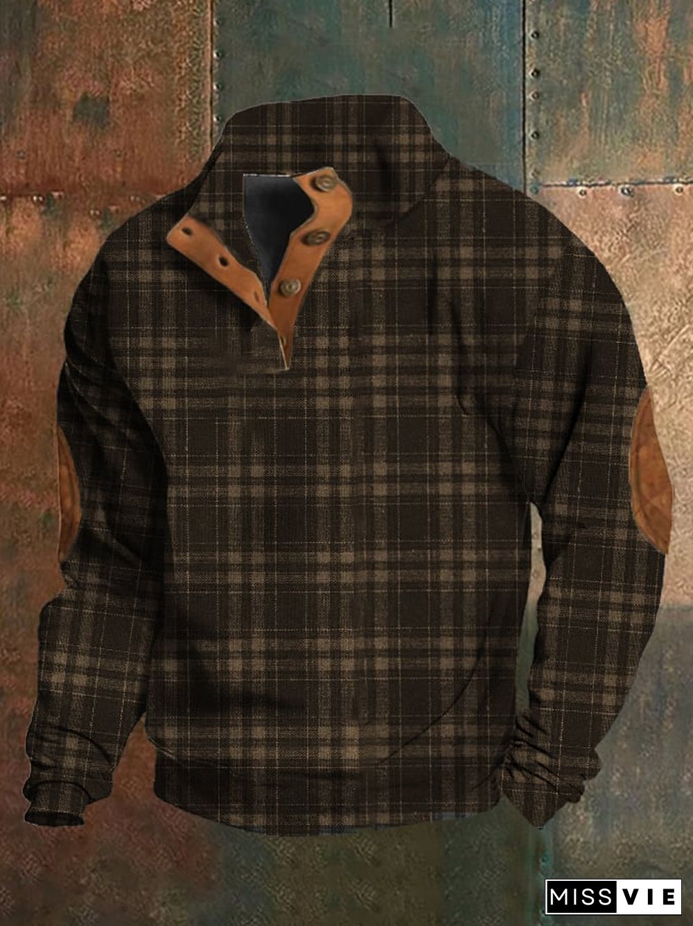 Men's Western Vintage Plaid Print Stand Collar Button-Down Sweatshirt