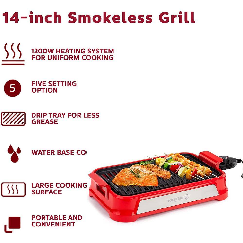 HOLSTEIN HOUSEWARES 14 in. Smokeless Indoor Grill Non-Stick Copper With Drip Tray Red HH-09114009R