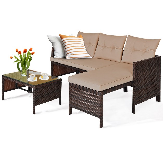 Costway 3pcs Patio Wicker Rattan Sofa Set Outdoor Sectional Conversation Set Garden Lawn Brown