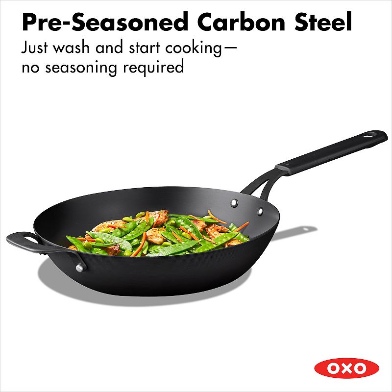 OXO Obsidian Pre-Seasoned Carbon Steel 12-in. Induction Wok Pan with Removable Silicone Handle Holder