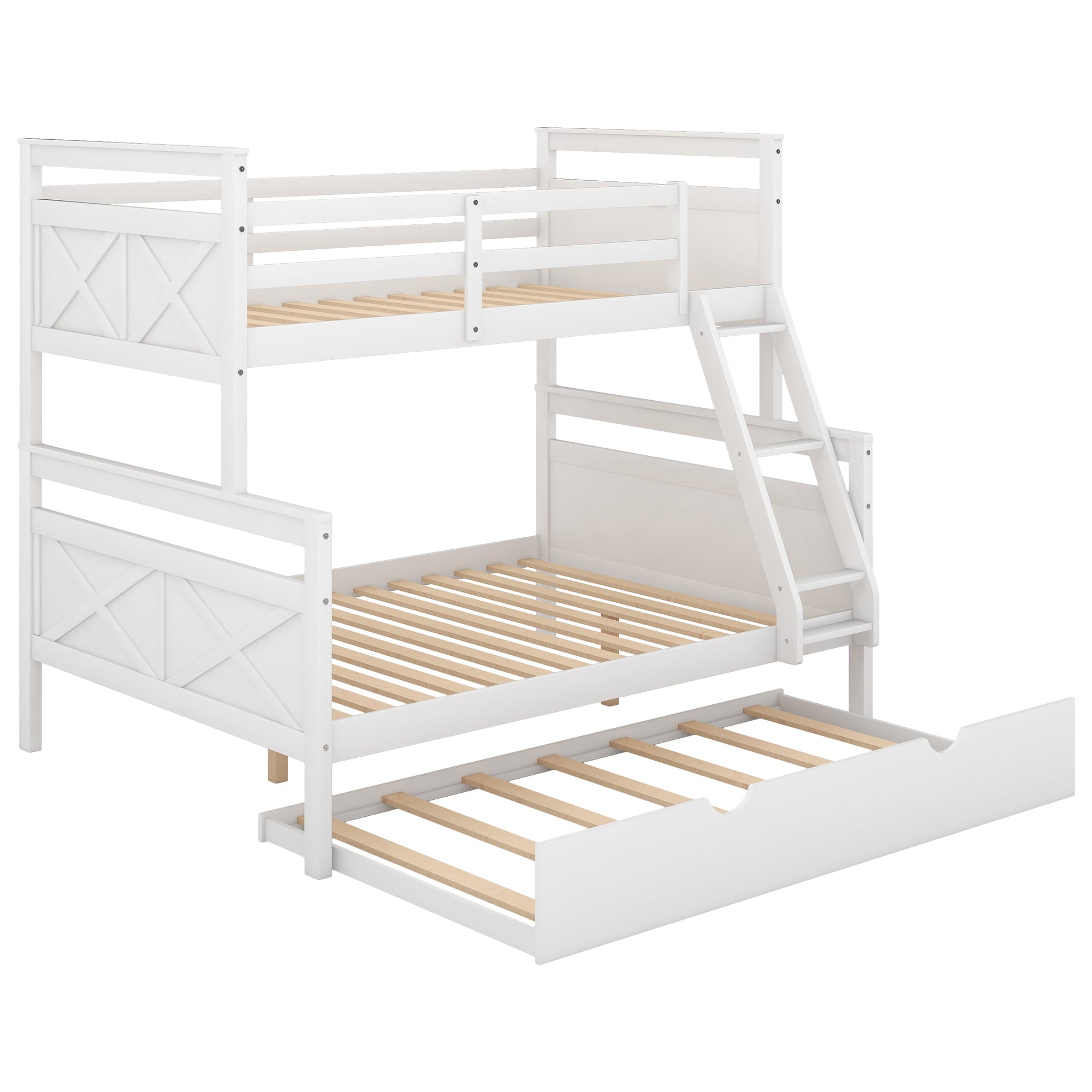 Euroco Wood Twin over Full Bunk Bed with Trundle for Kids & Adults for Bedrooms, White