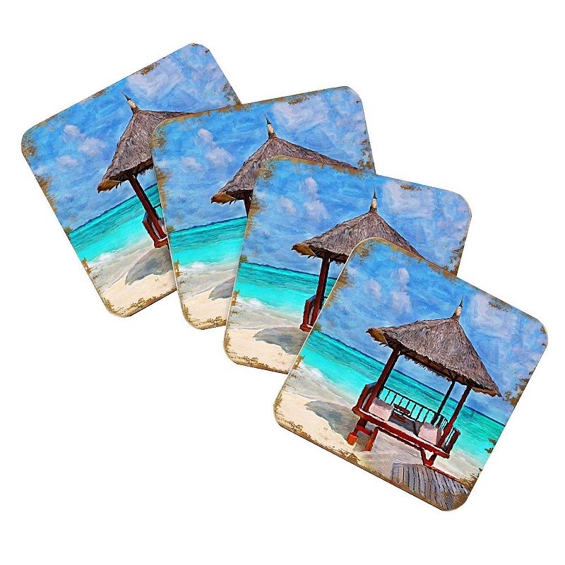 Beach Cabana Coastal Wooden Cork Coasters Gift Set of 4 by Nature Wonders