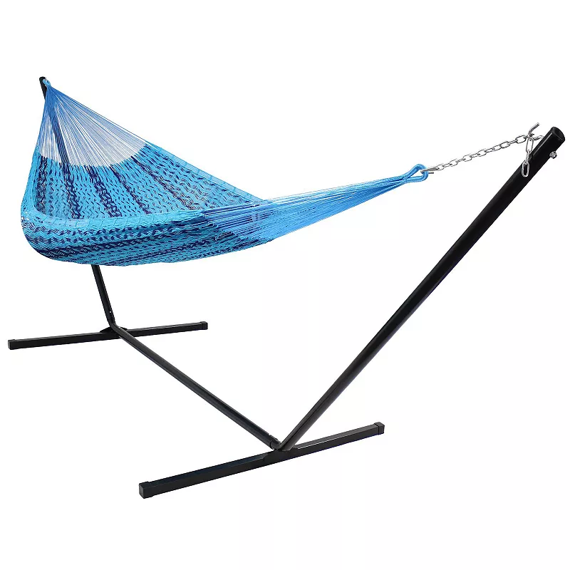 Sunnydaze 2-Person Woven Cotton/Nylon Hammock with Steel Stand - Blue