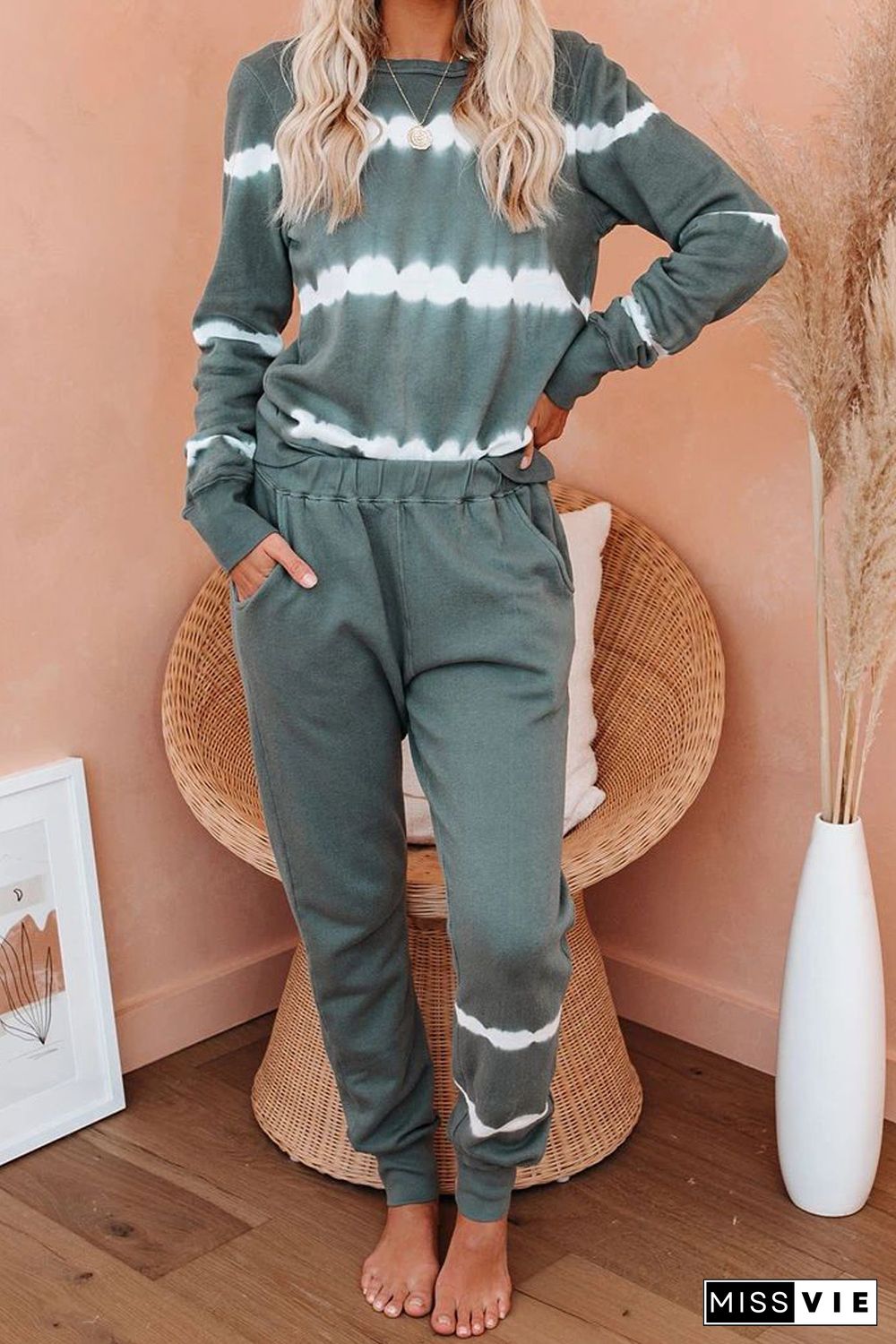 Army Green Tie-dye Stripes Pullover Top and Pants Lounge Set