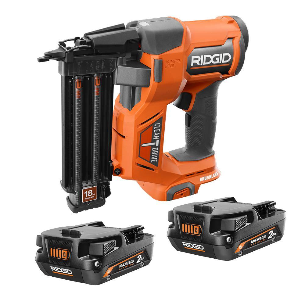 RIDGID 18V Brushless Cordless 18-Gauge 2-18 in. Brad Nailer with (2) MAX Output 2.0 Ah Batteries R09891B-AC840020PN