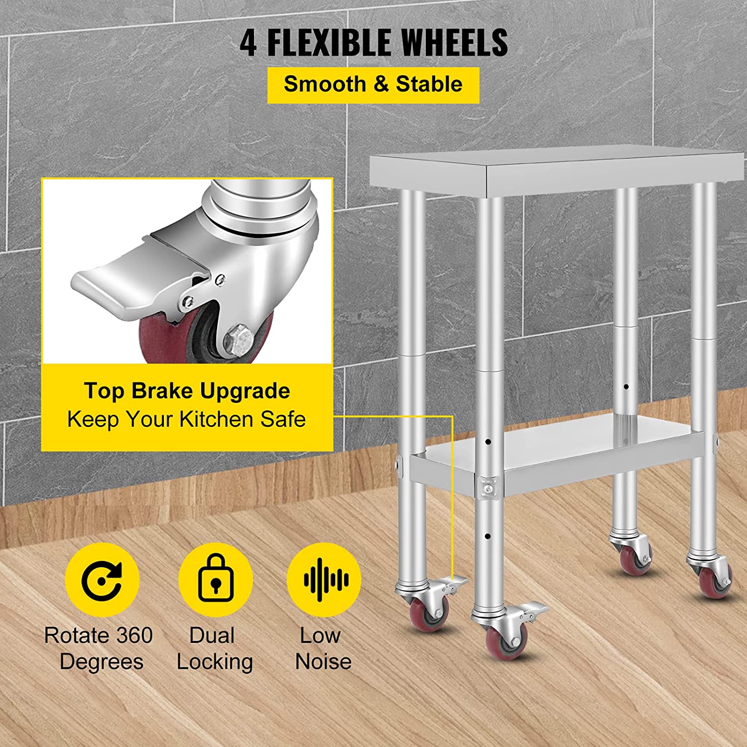 VEVORbrand Stainless-Steel Work Table 24 x 12 Inches with 4 Wheels for Commercial Kitchen Restaurant