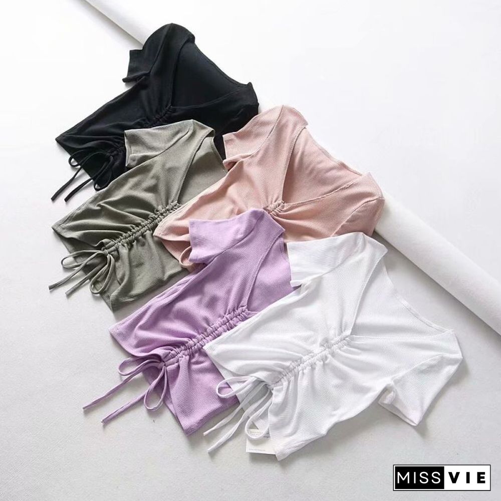 Sexy V Neck Cropped Tank Tops Women Drawstring Tie Up Front Camis Candy Colors Streetwear Slim Fit Ribbed Crop Top