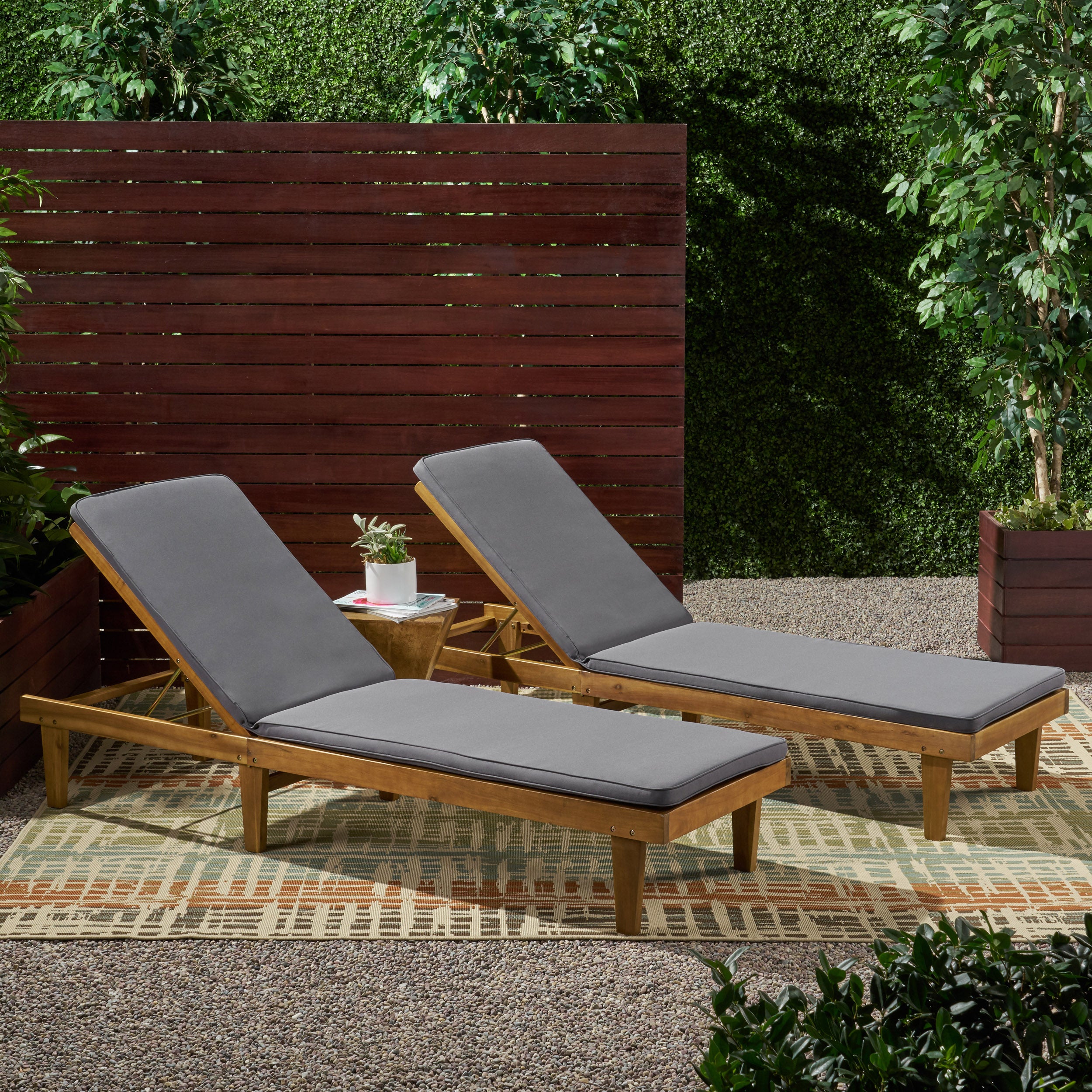 Nadine Outdoor Modern Acacia Wood Chaise Lounge with Cushion (Set of 2)