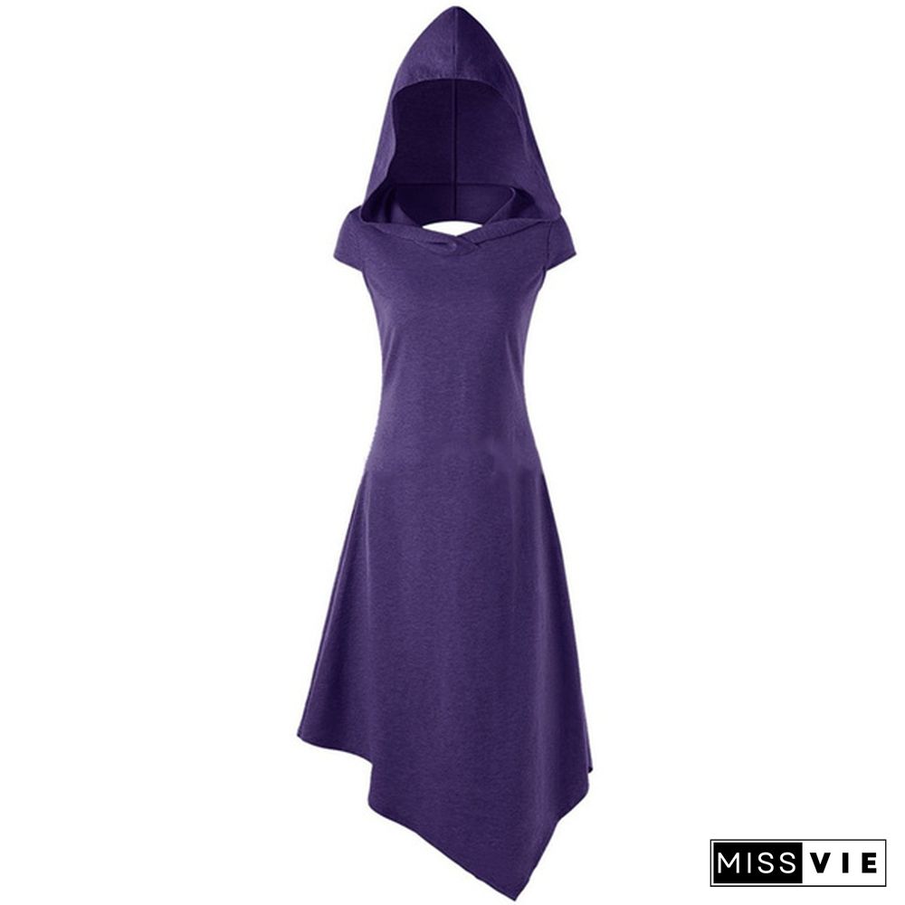 Gothic Medieval Style Women Hooded Criss Cross Irregular Handkerchief Dress Summer Casual Sleeveless Dress Asymmetrical Dresses