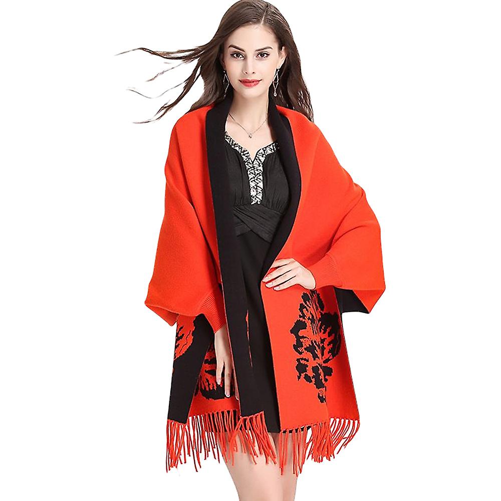 Women Floral Printed Knitted Shawl Cape With Sleeves