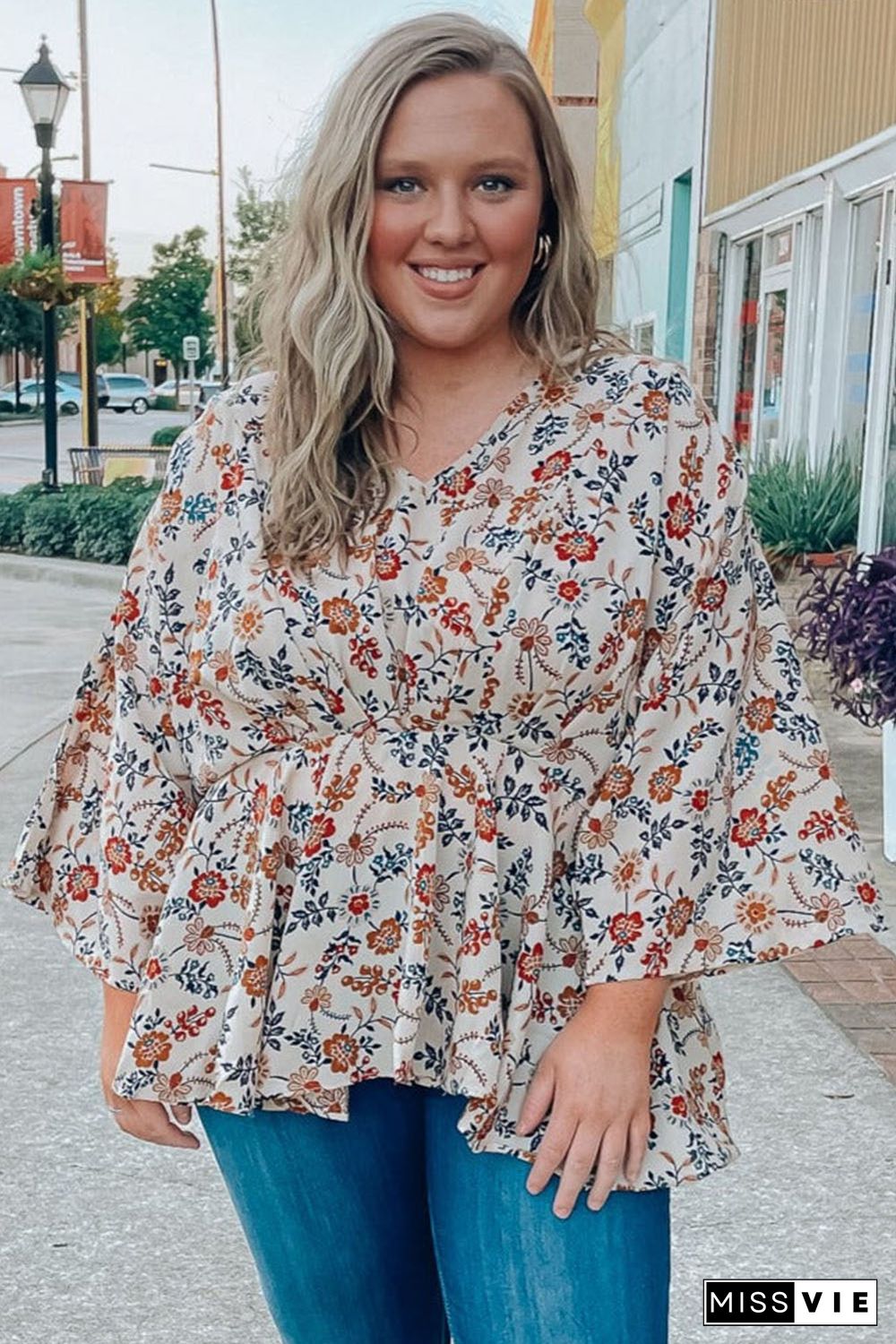 Apricot Plus Size Floral Print V Neck Peplum Blouse