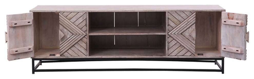 Dunkeld Rustic Solid Wood 4 Doors Iron Base Large TV Bench Cabinet   Industrial   Entertainment Centers And Tv Stands   by Sierra Living Concepts Inc  Houzz