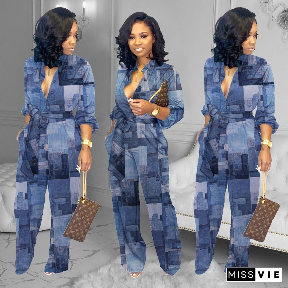 Fashion Faux Denim Print Long Sleeve Loose Wide-leg Jumpsuit