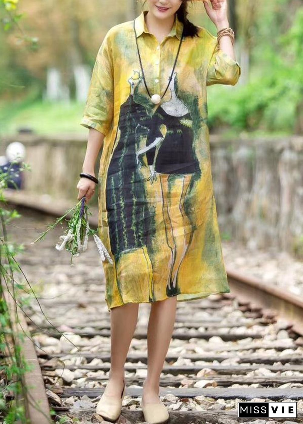 Art linen yellow Robes plus size Women Summer Casual Cute Printed Dress