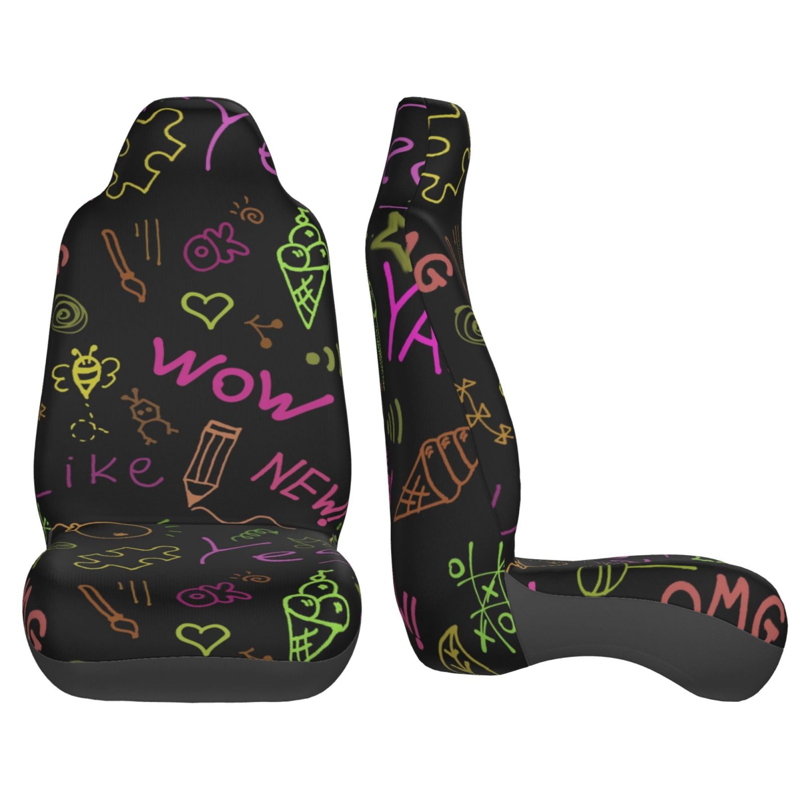 TEQUAN Front Seat Covers， Funny Colorful Graffiti Pattern 2 Piece Car Seat Cover Fit Most Car SUV Truck Van