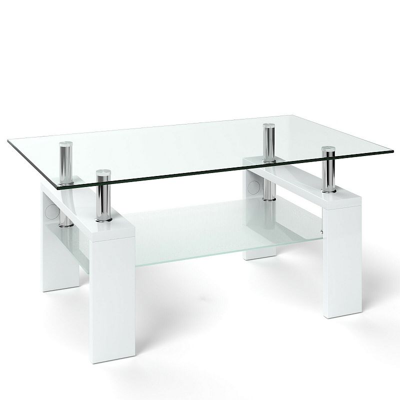 Rectangular Tempered Glass Coffee Table with Shelf