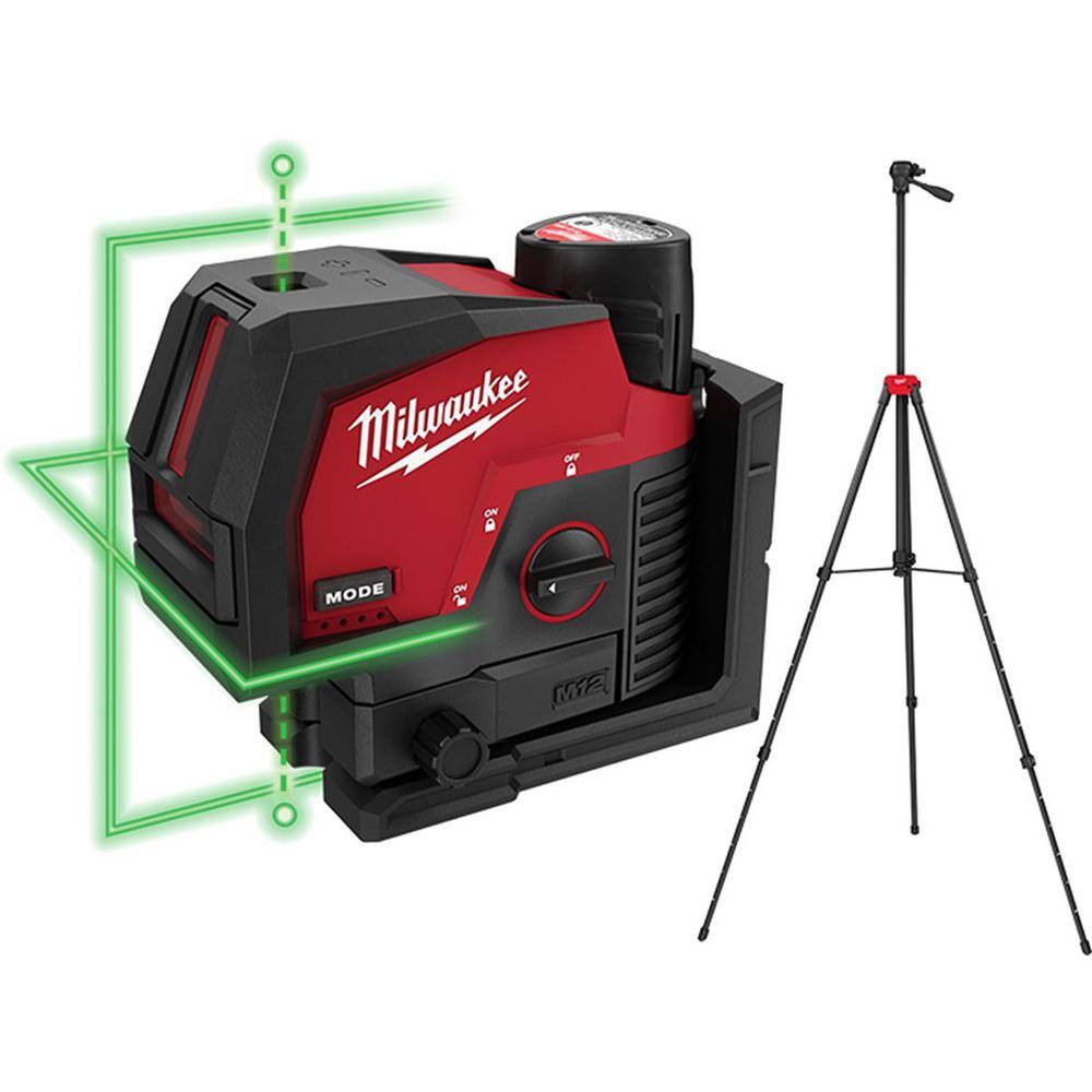 MW M12 12-Volt Lithium-Ion Cordless Green 125 ft. Cross Line  Plumb Points Laser Level Kit with 3.0 Ah Battery and Tripod 3622-21-48-35-1411