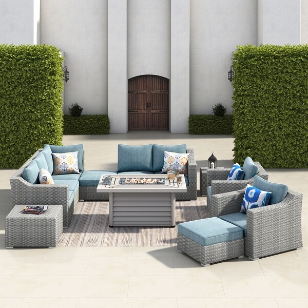 Corvus Martinka 12pc Outdoor Grey Wicker Fire Pit Sectional Sofa Set