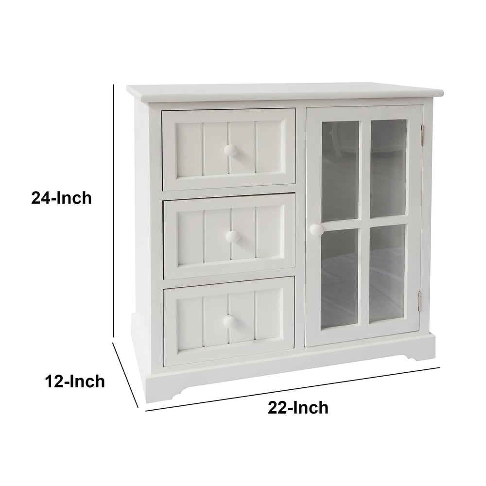 24 Inch Paulownia Wood Accent Cabinet  3 Drawers  1 Glass Door  White