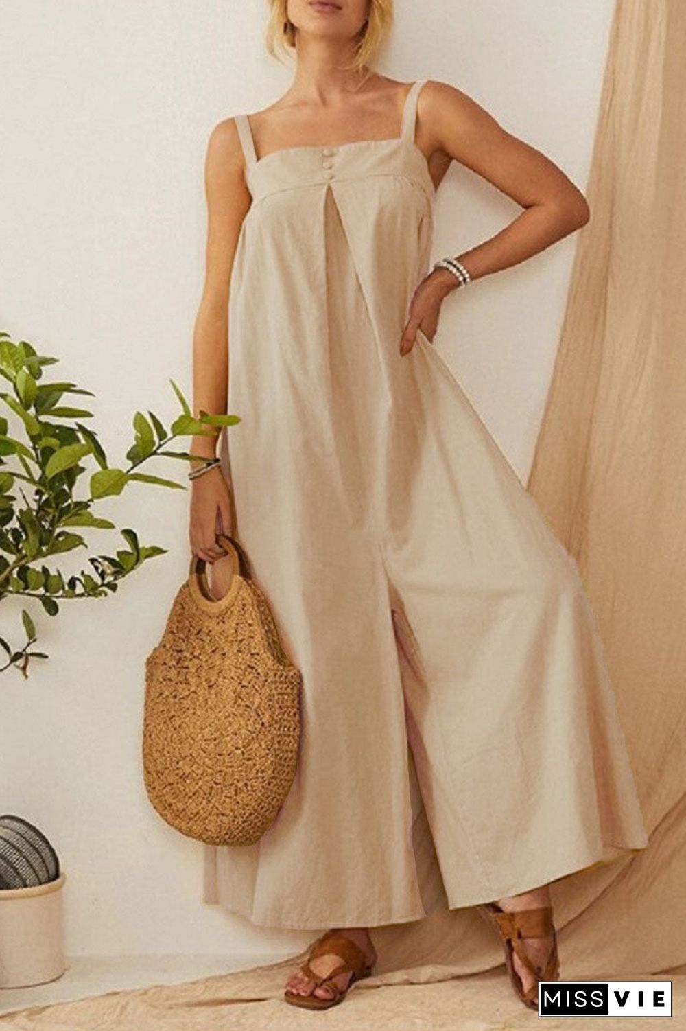 Fashion Casual Solid Split Joint Spaghetti Strap Loose Jumpsuits