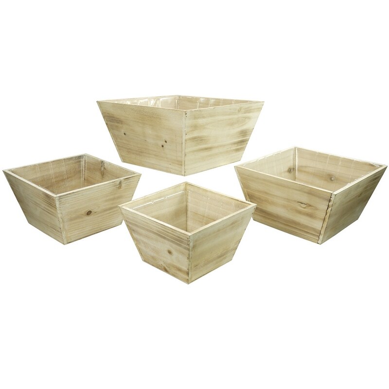 Contemporary Square Wood Pot   White  Set of 4