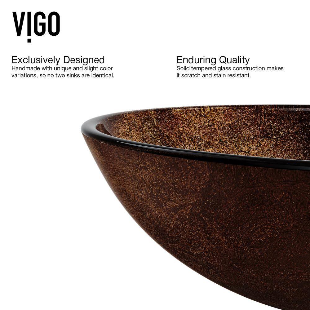 VIGO Glass Round Vessel Bathroom Sink in Russet Brown with Linus Faucet and Pop-Up Drain in Antique Rubbed Bronze VGT504