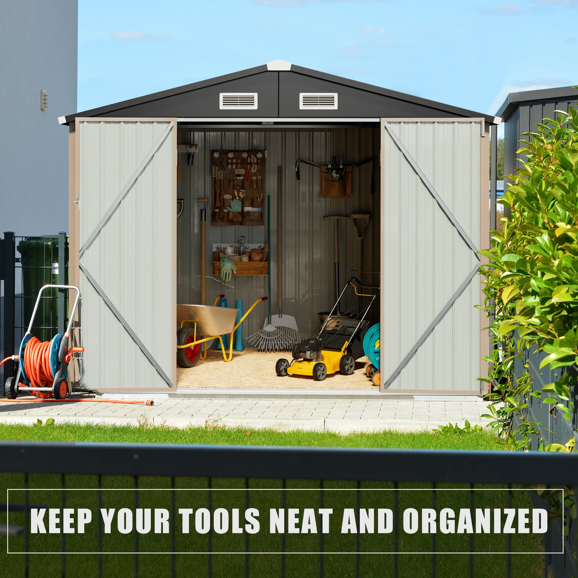 AOXUN 8' x 6' Metal Shed Outdoor Storage Shed Garden Utility Tool Shed with Door & Lock for Backyard, Garden