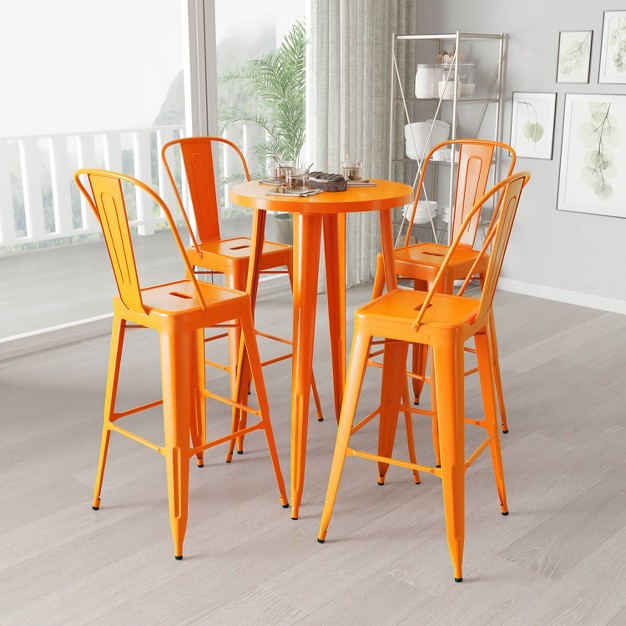 Round Table And Slatted Back Bar Stools With Footrests