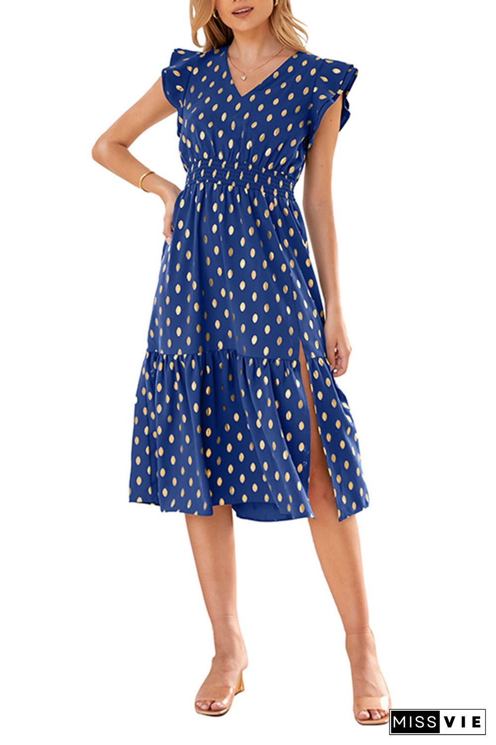 V Neck Foil Spot Print High Waist Midi Dress