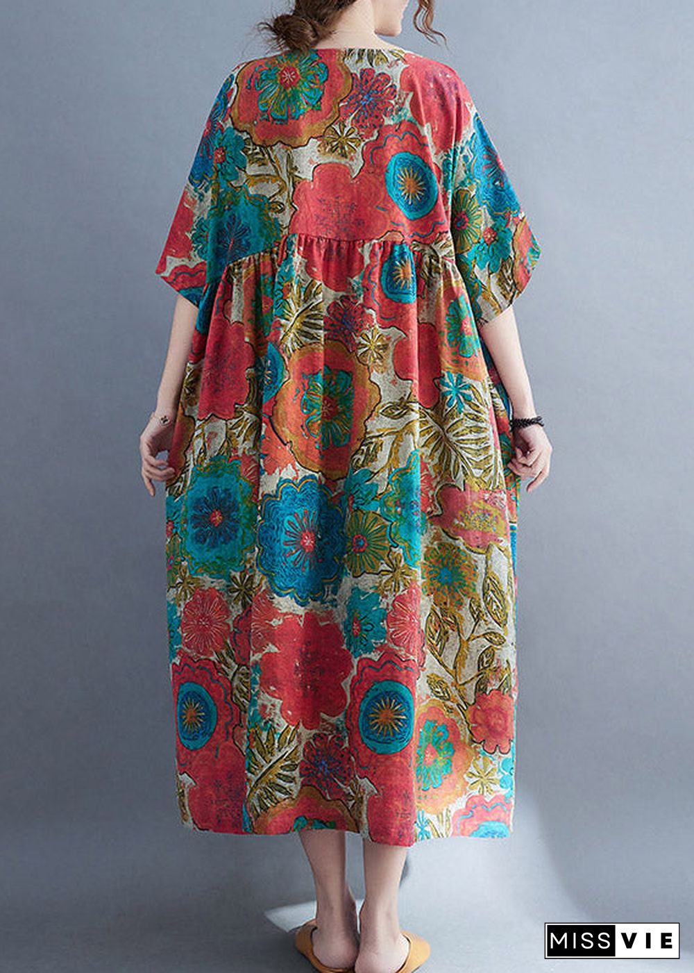 Bohemian Red O-Neck Cinched Print Linen Long Dress Short Sleeve