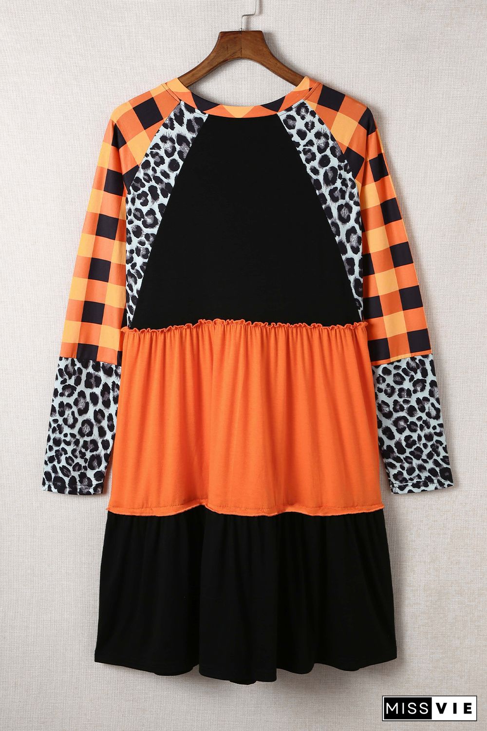 Orange Leopard Plaid Ruffled Long Sleeve Mini Dress