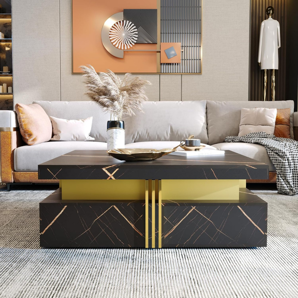 Modern Coffee Table  Square Wooden Top With Lower Storage Drawers  Black/Gold   Modern   Coffee Tables   by Decor Love  Houzz