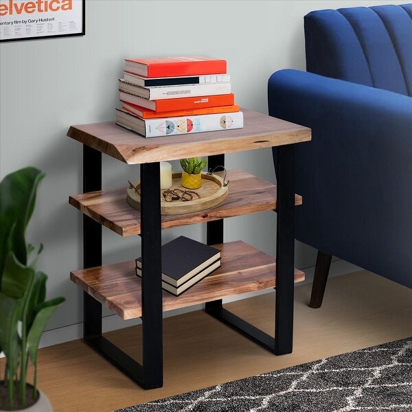 Farmhouse End Table with Live Edge Wood Shelves and Sled Metal Leg Support ， Brown and Black