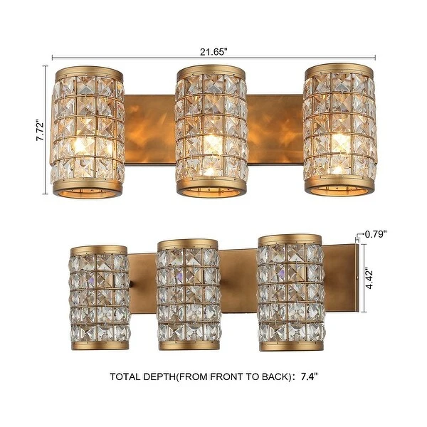 Aged Brass 3-Light Crystal Bathroom Vanity Lights Wall Sconce - 21.65-in W x 7.72-in H x 7.4-in D