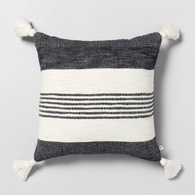 Center Stripes Tassel Throw Pillow Dark Gray cream With Magnolia