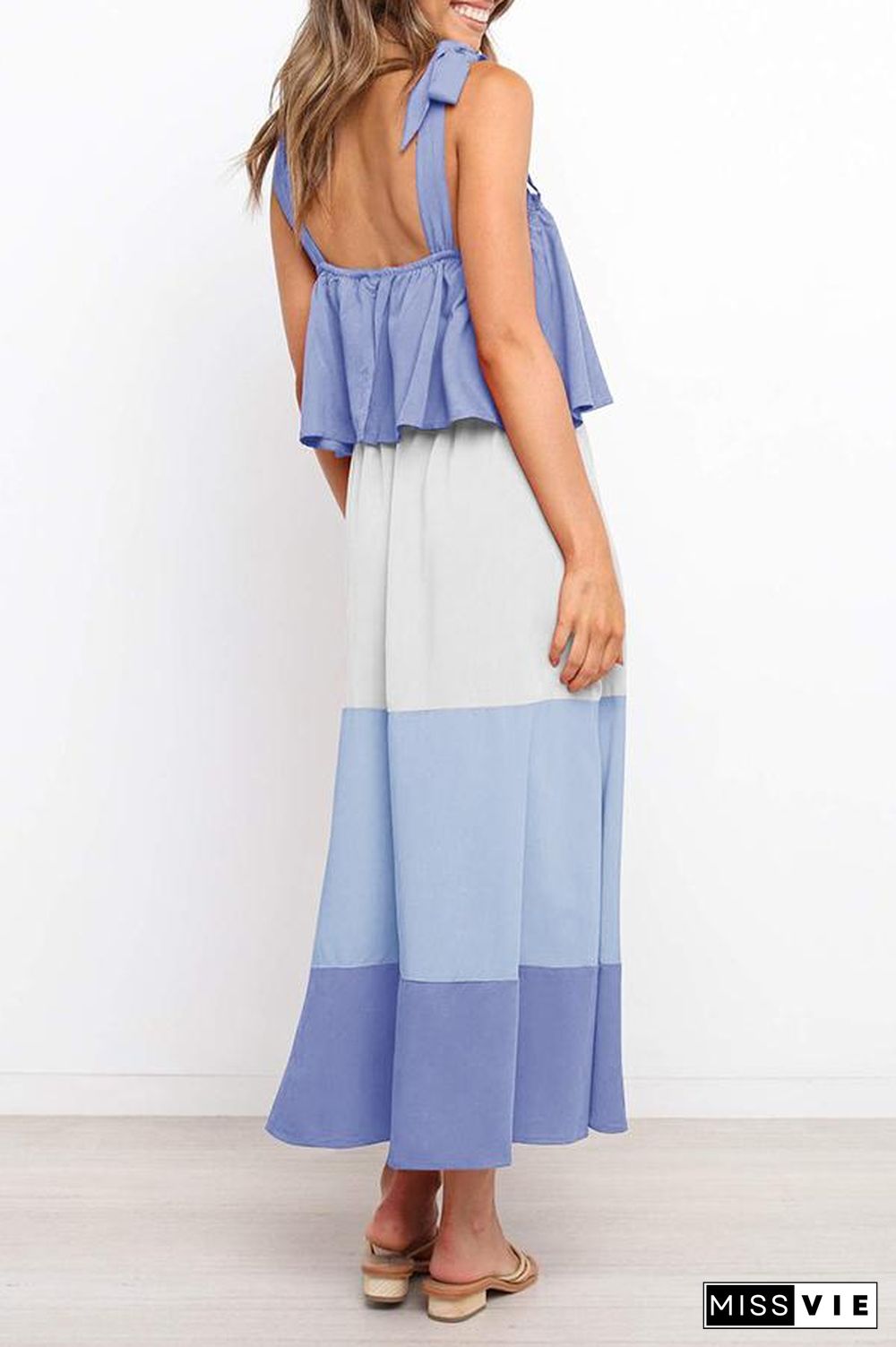 Lace-up Ruffled Colorblock Maxi Dress P13032