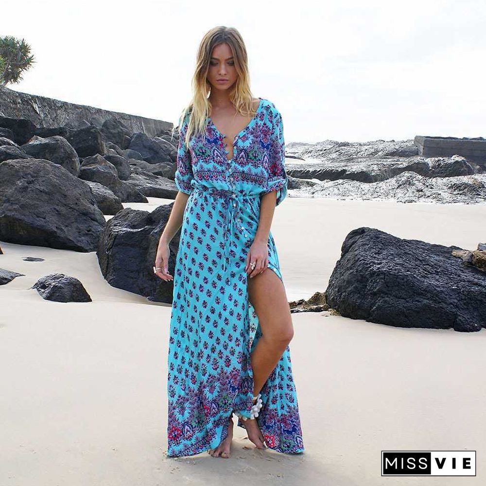 Hippie Gypsy Boho Long Beach Dress Maxi Cover Ups Beachwear