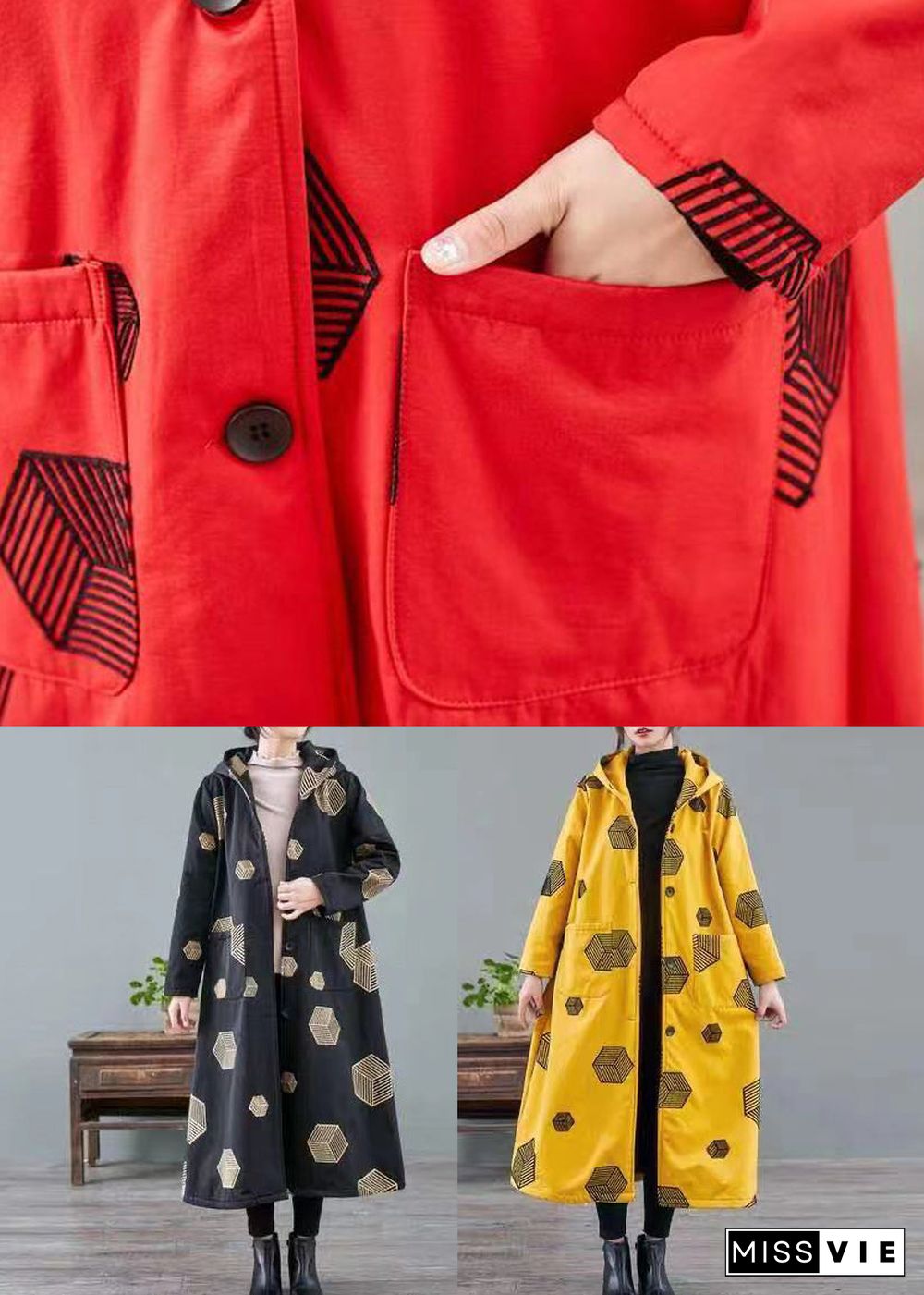 Red Pockets Print Patchwork Warm Fleece Hoodie Coat Winter