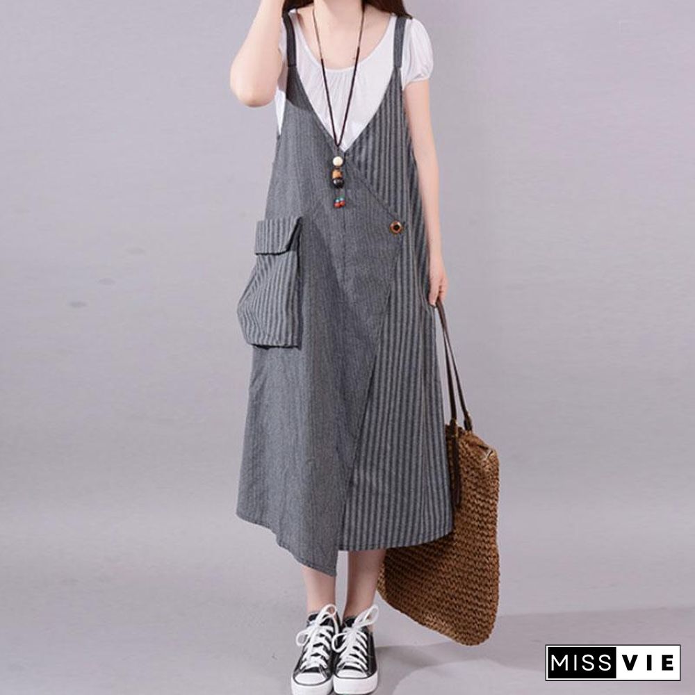 fashion long cotton blended dress Loose fitting Casual Summer Stripe Big Pocket Loose Suspender Gray Dress