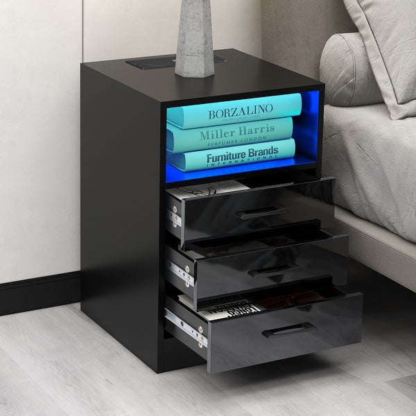 LED Nightstand with 3 Drawers，USB Charging Ports， Wireless Charging - - 36358536