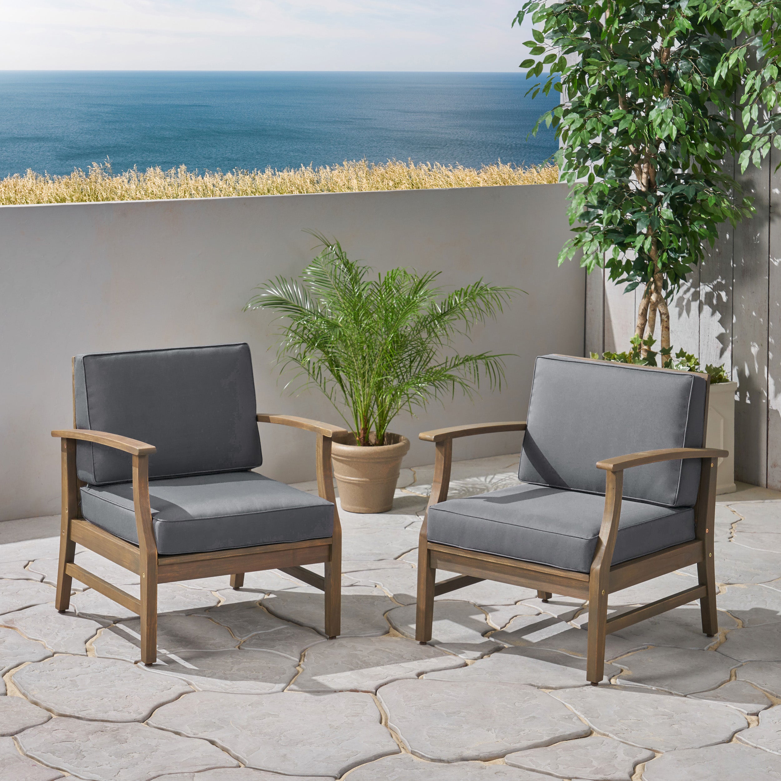 Simona Outdoor Acacia Wood Club Chairs with Cushions