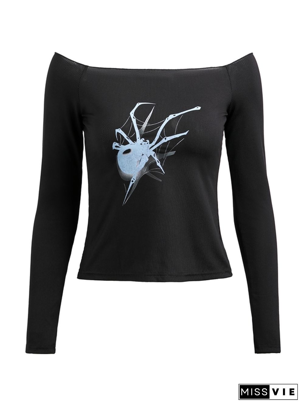 Spider Print Off Shoulder Slim Long Sleeve Tee