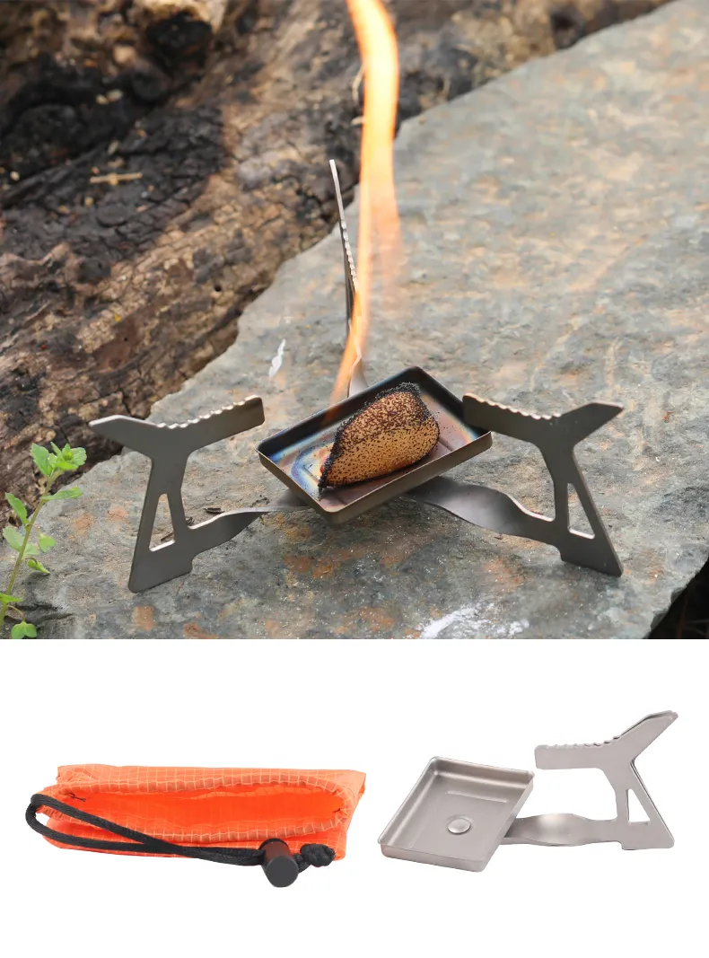 Titanium Foldable and Portable Stove Outdoor Camp Kitchen Equipment for Hiking Backpacking Picnic and BBQ Solid Fuel Tables