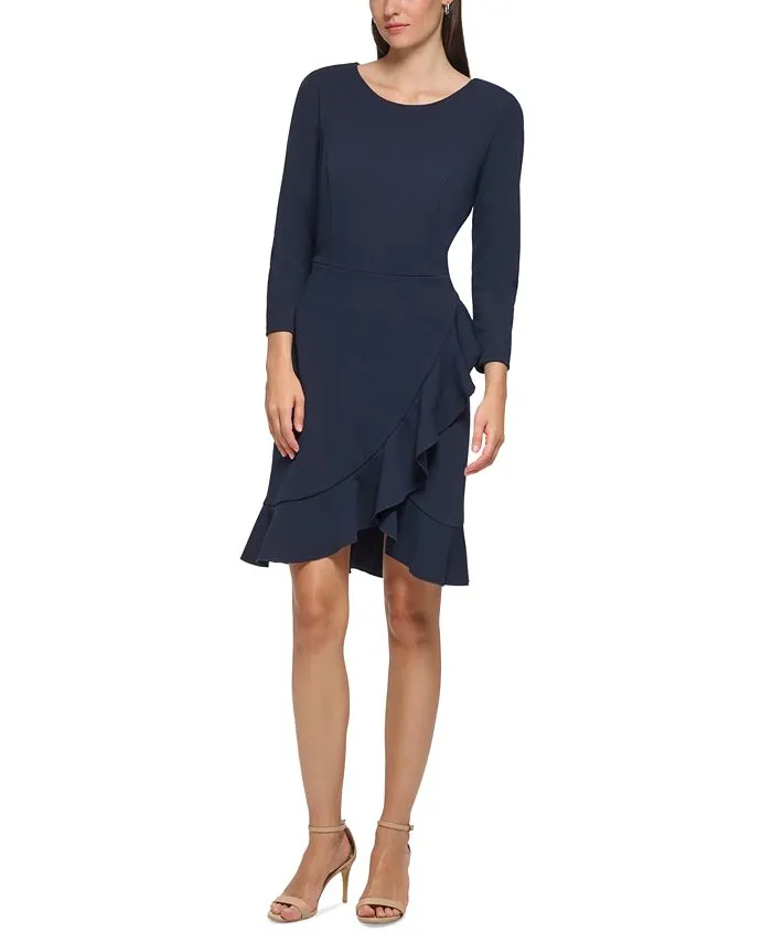 Women's Scoop-Neck Ruffle-Trim 3/4-Sleeve Dress