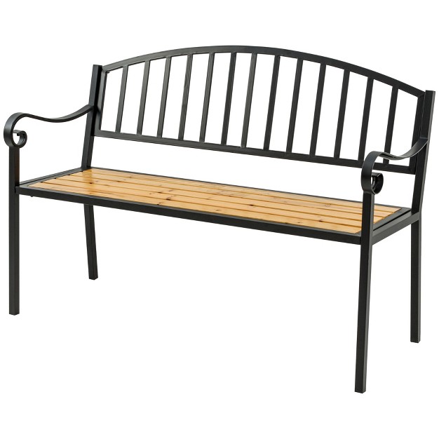 Garden Bench Patio Loveseat With Antique Backrest Wood Seat And Steel Frame For Backyard Or Porch