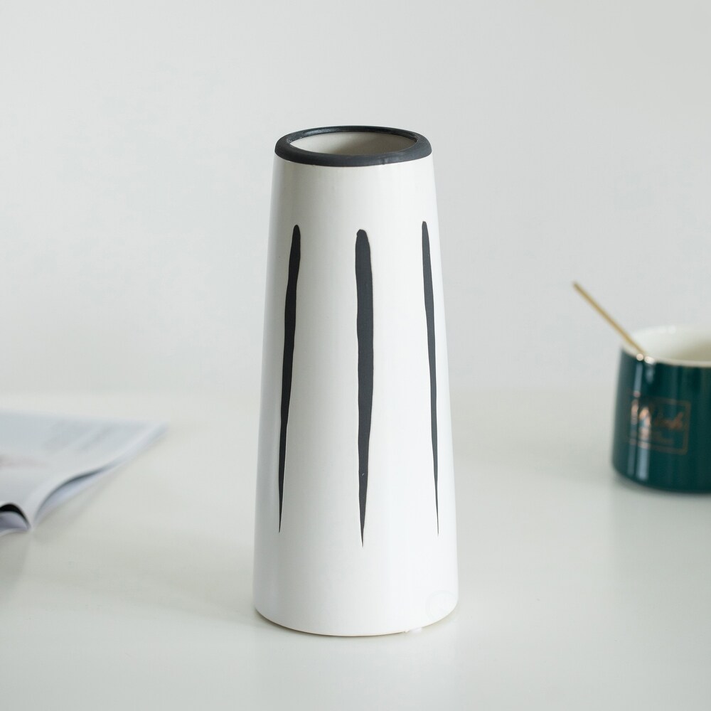 Ceramic Modern Painted Brushstrokes Tapered Flower Table Vase  Black and White