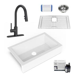 SINKOLOGY Elevate All-in-One Quick-Fit Fireclay 33.85 in. Single Bowl Undermount Farmhouse Kitchen Sink with Pfister Faucet SK451-34-SAB