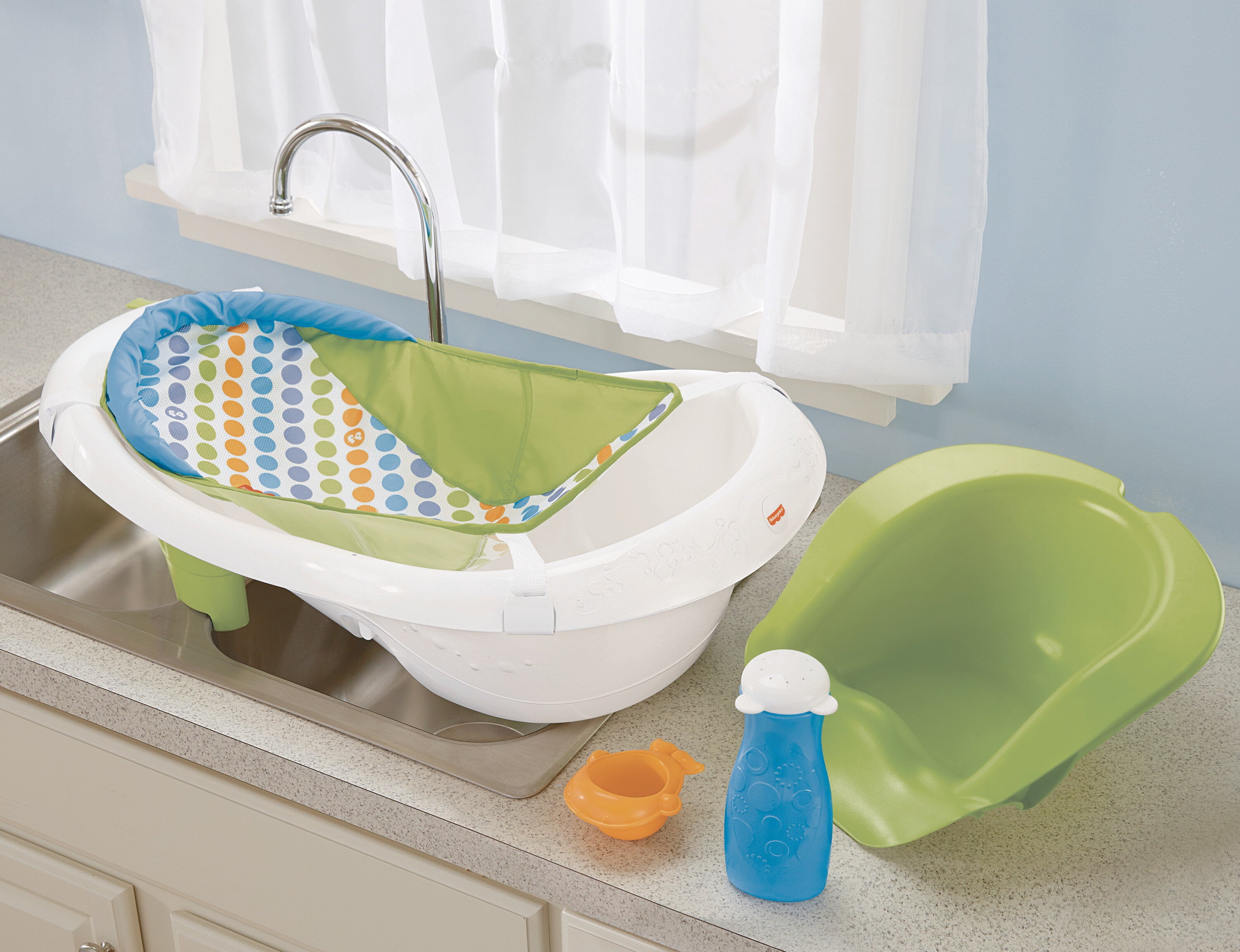 Fisher-Price 4-in-1 Sling ‘n Seat Tub Baby to Toddler Bath with 2 Toys, Green