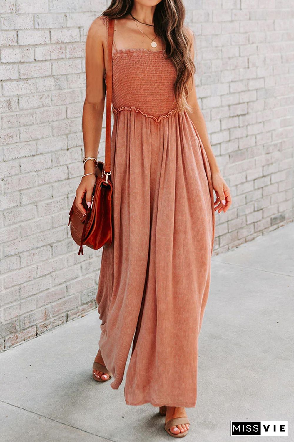 Fade Peach Smocked Top Wide Leg Cami Jumpsuit